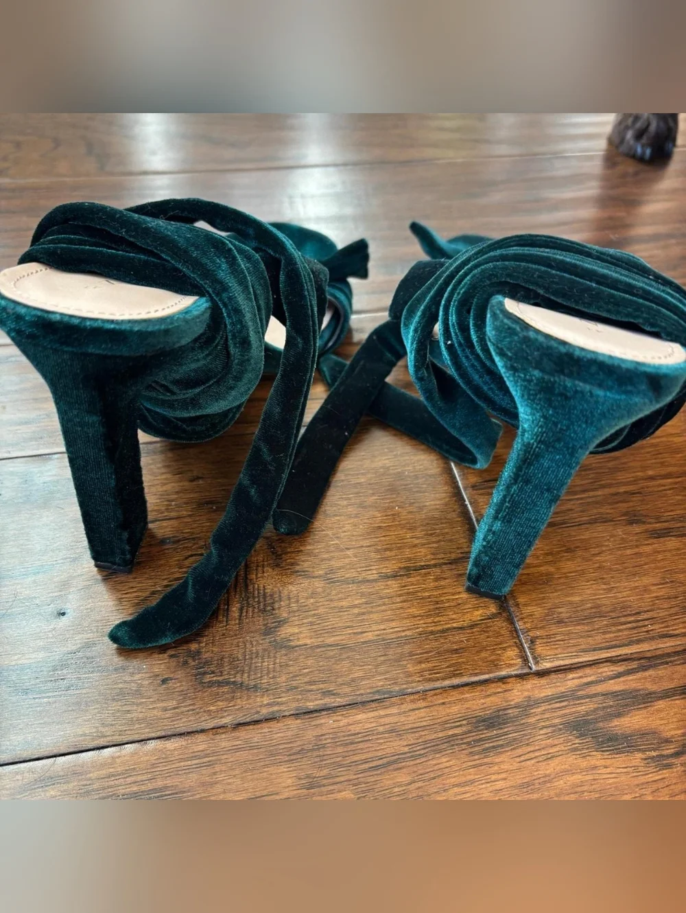 Zara Emerald Green Velvet Bow Sandals Lace Up Ankle Tie Block Heels Size 10 - Picture 6 of 8